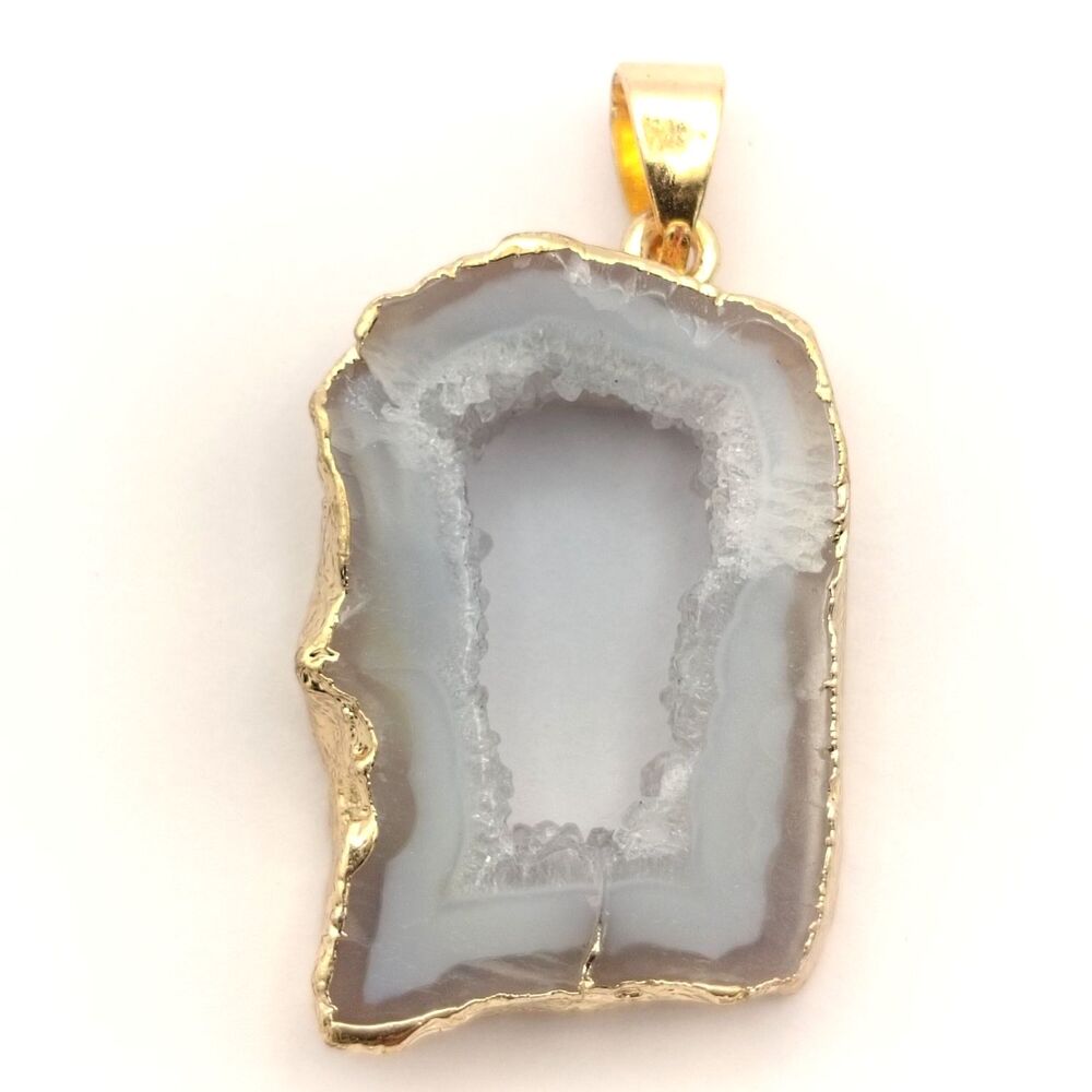 Natural Grey Agate Geode Slice Pendant Gold Electroplated Drusy Crystal Necklace